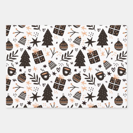白黒のクリスマスパターン ラッピングペーパーシート (正面)
