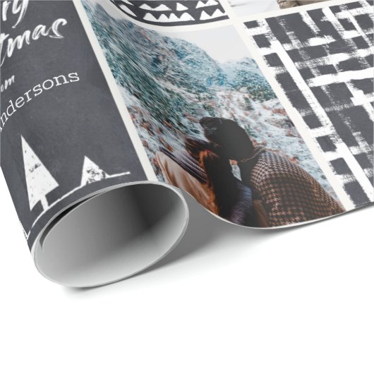 白黒のクリスマスパーソナライズのコラージュ写真 ラッピングペーパー (ロールコーナー)