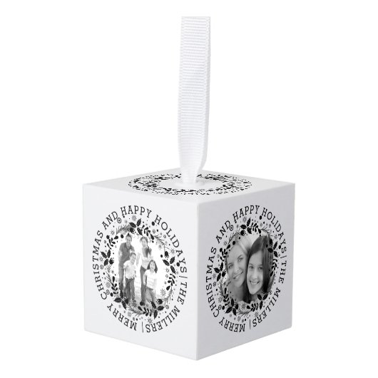 白黒のクリスマスリースと写真 キューブオーナメント (正面アングル)
