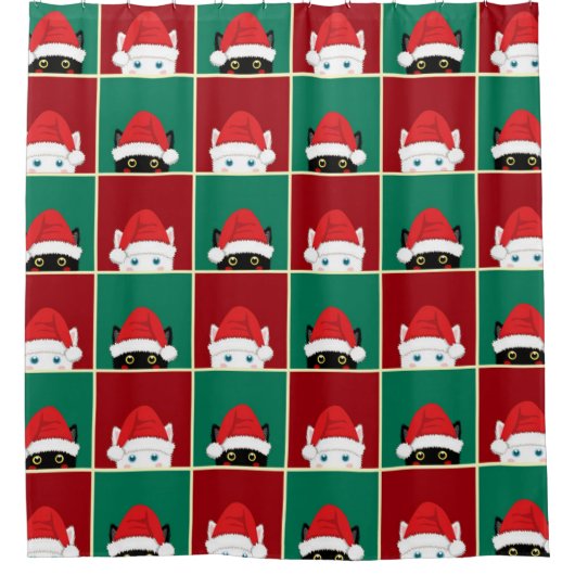 白黒のクリスマス猫 シャワーカーテン (正面)