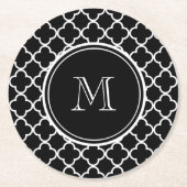 白黒のクローバーパターン、あなたのモノグラム ラウンドペーパーコースター (正面)