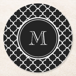 白黒のクローバーパターン、あなたのモノグラム ラウンドペーパーコースター