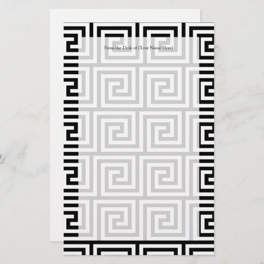 白黒のグラフィックギリシャ語の鍵パターン 便箋 (正面/裏面)