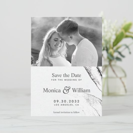 白黒のグラフィックモダンリーフ結婚の写真 セーブザデート (スタンド正面)