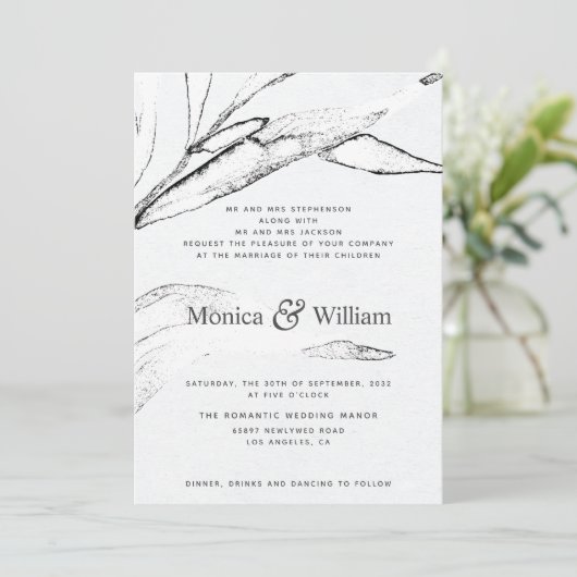 白黒のグラフィックモダンリーフ結婚ズ 招待状 (スタンド正面)