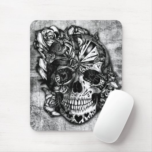 白黒のグランジなキャンデーの砂糖のスカル。 マウスパッド (マウス)
