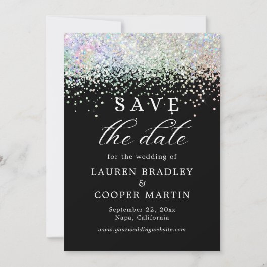 白黒のグリッター結婚式の日付を保存 (正面)