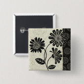 白黒のコンテンポラリーな花模様 缶バッジ (正面&裏面)