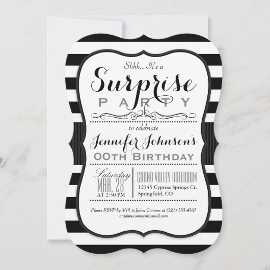 白黒のサプライズストライプパーティー 招待状 (正面)