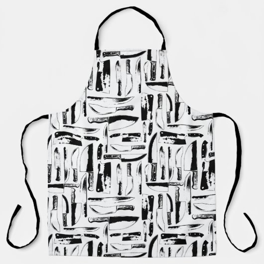 白黒のシェフまたは肉屋のナイフパターン(の模様が)ある エプロン (正面)