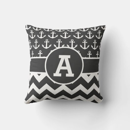 白黒のシェブロンのパーソナライズで航海のないかり クッション (裏面)