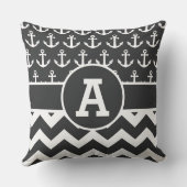 白黒のシェブロンのパーソナライズで航海のないかり クッション (裏面)