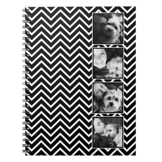白黒のシェブロン模様を使用したコラージュ ノートブック (正面)