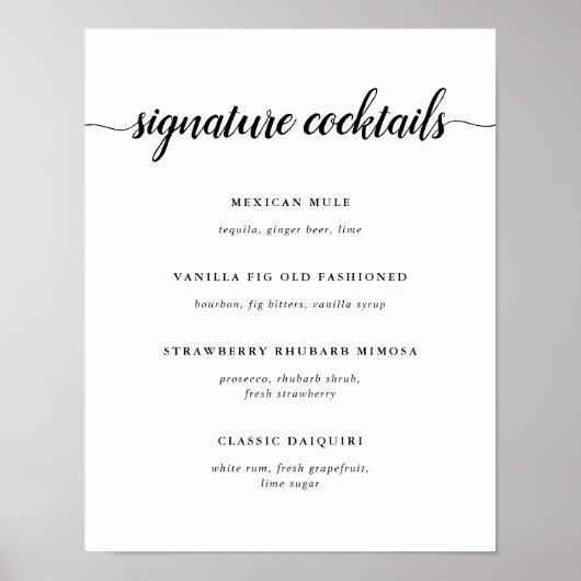 白黒のシグネチャーカクテル結婚メニューの署名 ポスター (正面)