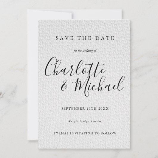 白黒のシグネチャー ウェディング Save the Date 招待状 (正面)