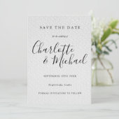 白黒のシグネチャー ウェディング Save the Date 招待状 (スタンド正面)