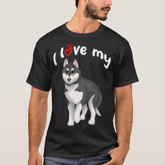 白黒のシベリアのハスキー犬が大好き Tシャツ (正面)