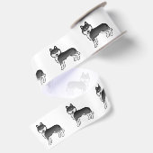 白黒のシベリアンハスキー かわいいキャラクターデザインの犬 サテンリボン (裏面)