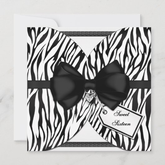 白黒のシマウマの招待のリボン及び宝石で飾られた弓 招待状 (正面)