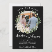 白黒のシンプル写真結婚の セーブザデート (裏面)