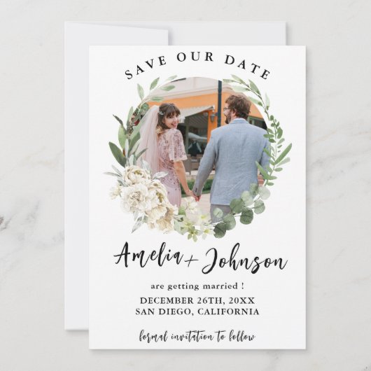 白黒のシンプル写真結婚の セーブザデート (裏面)