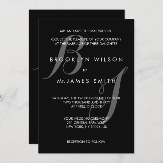 白黒のシンプル結婚式招待状 招待状 (正面/裏面)