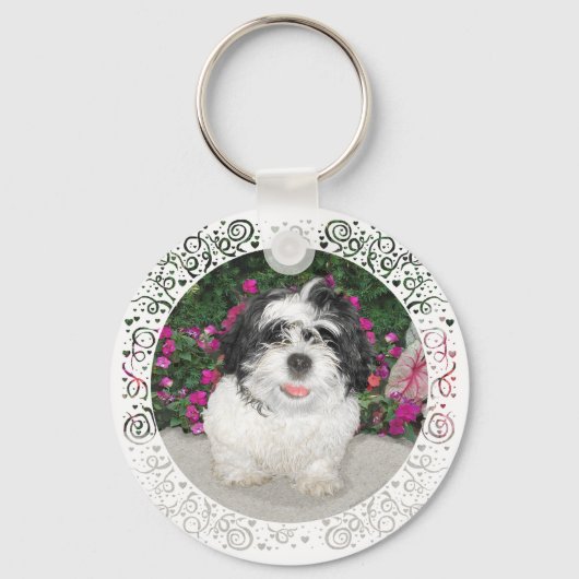 白黒のシーズー保護犬の子犬 キーホルダー (正面)