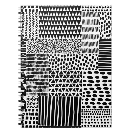 白黒のシームレスなドードルパターン。手で引く ノートブック (正面)
