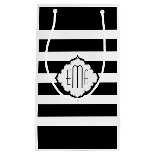 白黒のジオメトストライプリパターン スモールペーパーバッグ (正面)