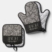 白黒のジオメトモダンリホームミニマル 鍋つかみ&鍋敷きセット (正面/裏面)