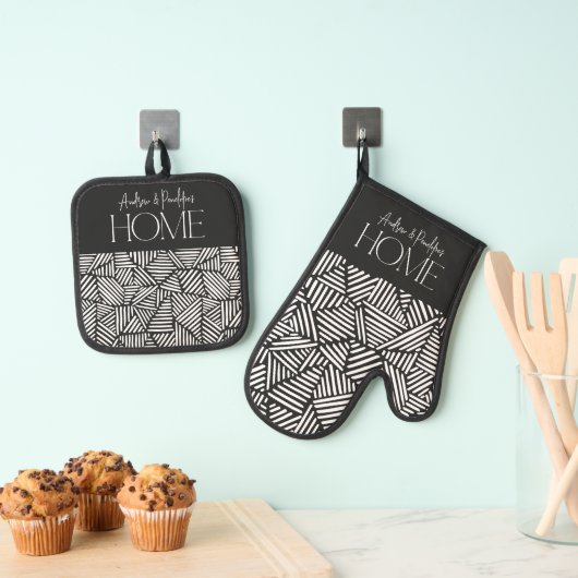 白黒のジオメトモダンリホームミニマル 鍋つかみ&鍋敷きセット (インサイチュ (吊り下げ))