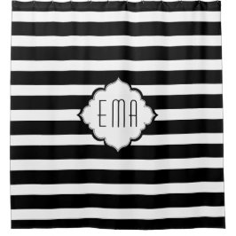 白黒のジオメトリックストライプ シャワーカーテン