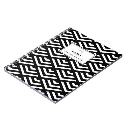 白黒のジオメトリックパーソナライズされた波 ノートブック (左側)