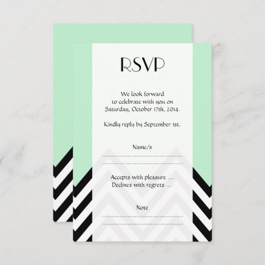 白黒のジグザグ模様、緑結婚、 出欠カード (正面/裏面)
