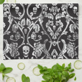 白黒のスカルのダマスク織。 キッチンタオル (折り畳み)