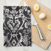 白黒のスカルのダマスク織。 キッチンタオル (四つ折り)