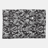 白黒のスカルのダマスク織。 キッチンタオル (横)