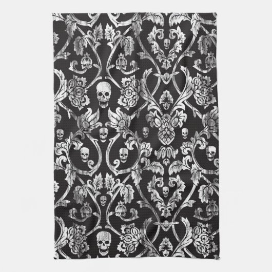 白黒のスカルのダマスク織。 キッチンタオル (縦)