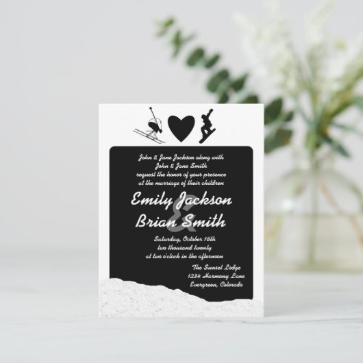 白黒のスキースノーボーダーのカスタムな結婚式の招待 招待状 (スタンド正面)