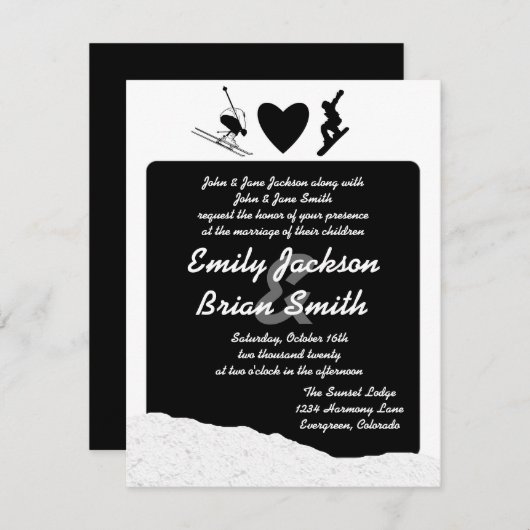 白黒のスキースノーボーダーのカスタムな結婚式の招待 招待状 (正面/裏面)
