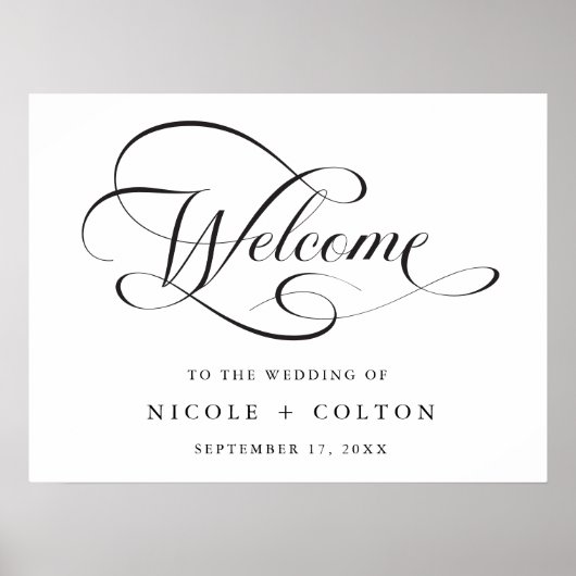 白黒のスクリプエレガントトの結婚ウェルカムサイン ポスター (正面)