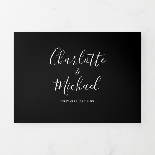 白黒のスクリプエレガントト写真結婚の 三つ折り招待状 (カバー)