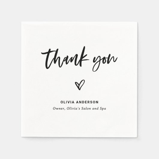 白黒のスクリプカジュアルトとハートありがとう スタンダードカクテルナプキン (正面)