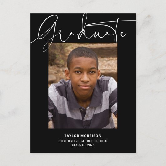 白黒のスクリプカジュアルト写真卒業パーティー ポストカード (正面)