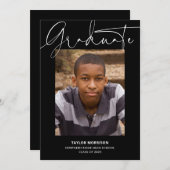 白黒のスクリプカジュアルト写真卒業パーティー 招待状 (正面/裏面)