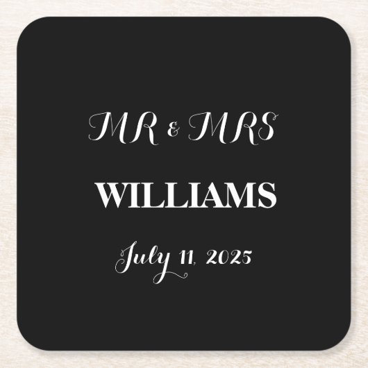 白黒のスクリプシンプルトミニマル結婚リスト スクエアペーパーコースター (正面)