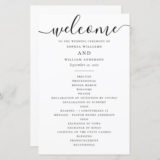 白黒のスクリプシンプルト結婚式プログラム (正面/裏面)