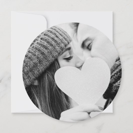 白黒のスクリプトの円形の写真結婚の 招待状 (裏面)