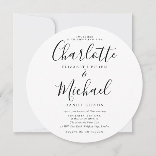 白黒のスクリプトの円形の写真結婚の 招待状 (正面)
