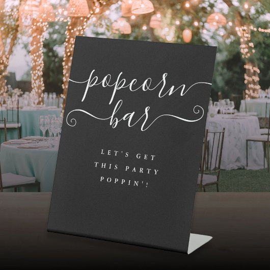 白黒のスクリプトエレガントポップコーンバー 台座サイン